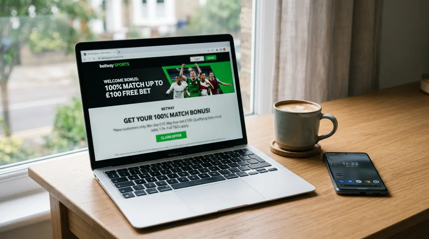 Laptop med bonustilbud fra udenlandsk bookmaker og spillechips på et skrivebord